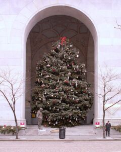 Christmas tree and menorah outside the Pittsburgh City-County Building