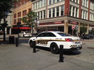 Two Pittsburgh police vehicles parked in Market Square