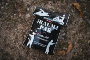 Representative medical trauma kit with bleeding-control supplies