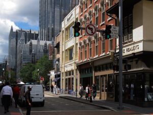 Buildings along Market Street in downtown Pittsburgh near Market Square