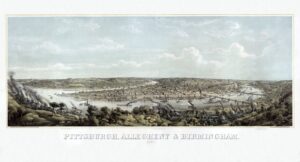 Historical 1871 bird's-eye illustration of Pittsburgh at its three rivers