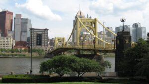 Roberto Clemente Bridge over the Allegheny River with downtown Pittsburgh in the background